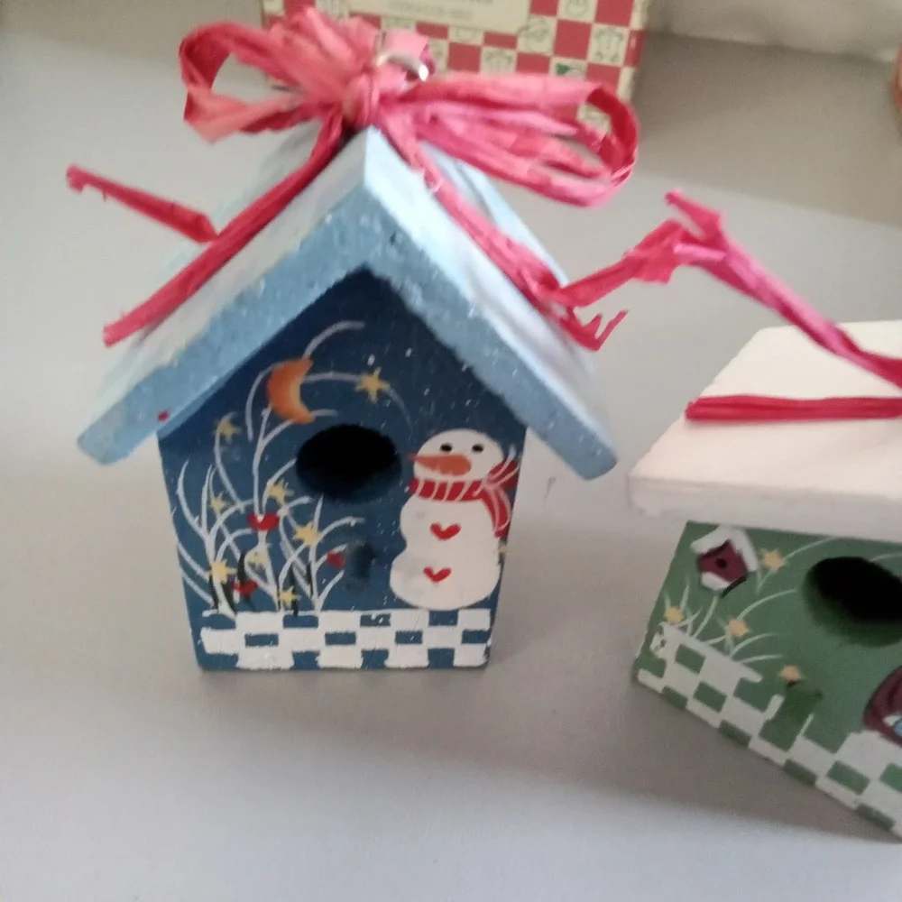 Vintage Christmas Birdhouse Ornaments Set of 4 Hand Painted Wood CCB-BRD Multi